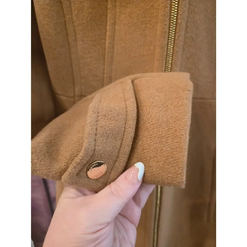 Women's Camel Hooded Wool Blend Walker Coat Michael Kors XS Gold Zip Mid Length